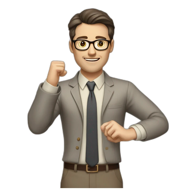 To belt Actively gesturing with hands Pale skinned fit man with dark brown hair in gray jacket, beige office shirt, brown tie, brown pants and vintage glasses. sticker