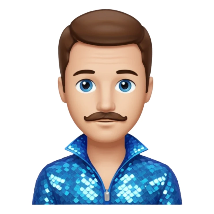 Benson Boone (b.2002), Pop Singer with blue eyes, brown medium hair and thin mustache, icy blue sequin outfit sticker