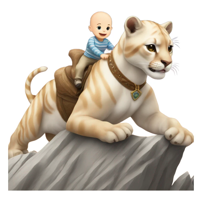bald white baby riding on a striped mountain lion sticker