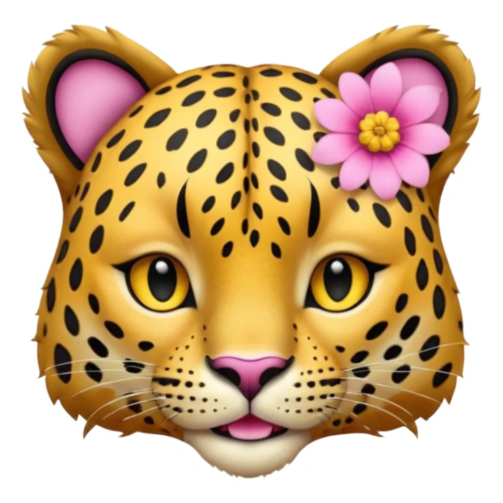 A leopard with mouth closed, A pink flower with a yellow center is tucked behind its right ear
 sticker