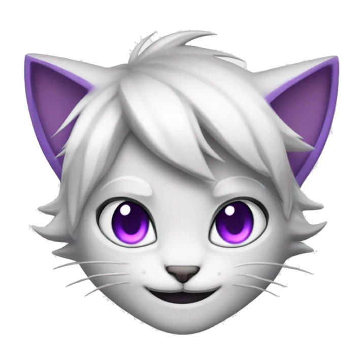White hair catboy cat ears, purple eyes, smiling sticker