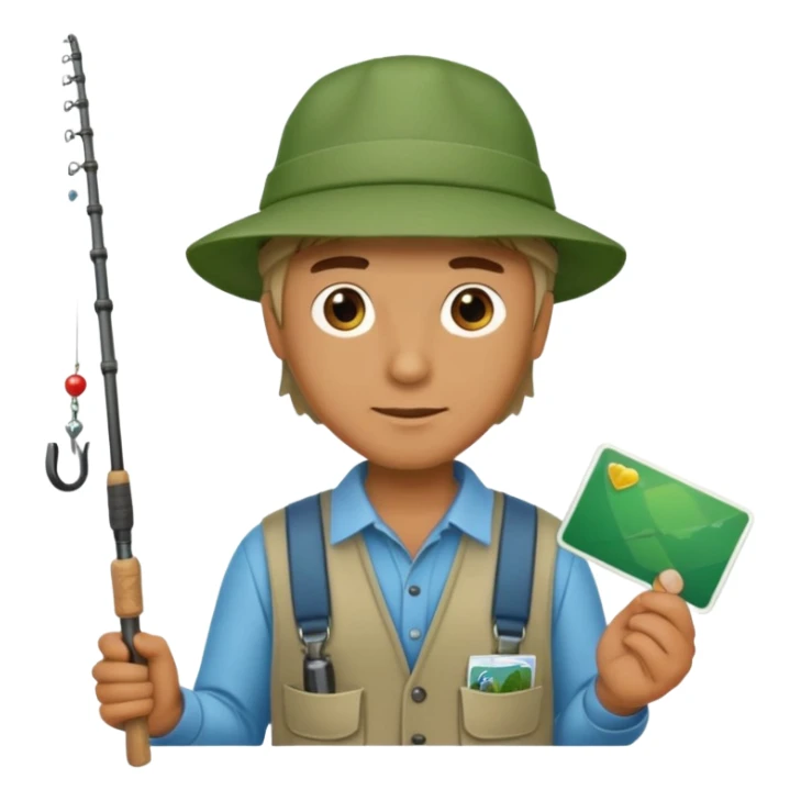 A man holding a fishing rod with a green card on the hook sticker