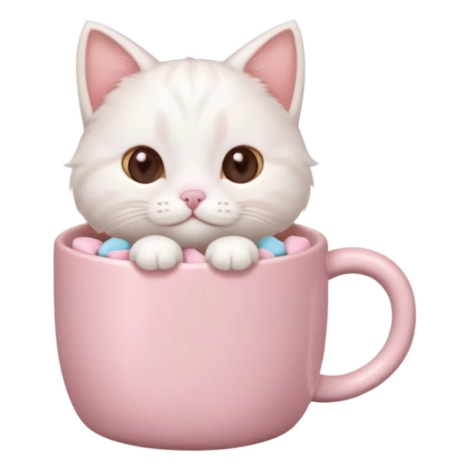 cute white cat relaxing in a pastel pink mug of cocoa with marshmallows, soft lighting, rounded shapes sticker
