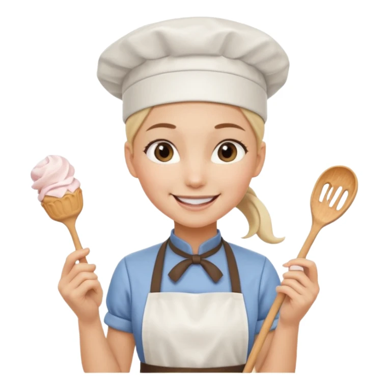 Young female pastry chef - ponytail, apron, wearing a white hat, holding a cream piping bag sticker