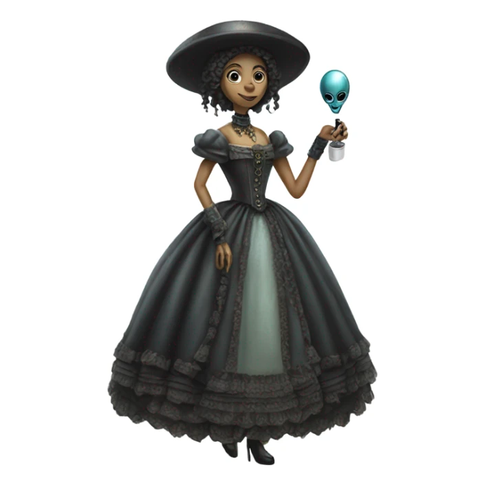 alien galora in Victorian dress elegant, full body, holding usb key sticker
