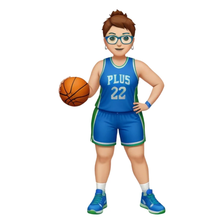 Full Body plus size white female basketball player with short medium brown hair with carmel highlights spikey hair wearing blue glasses 
 wide nose wearing blue green uniform  green sneakers smiling wearing silver hoop earrings sticker