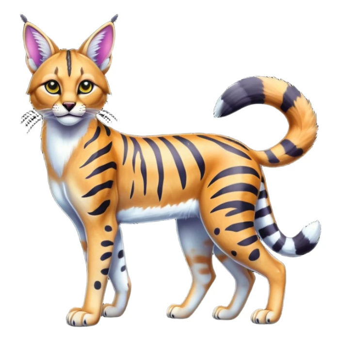 Colorful cartoon bright shiny vibrant iridescent neon tropical exotic anime Striped and spotted Lynx-Caracal-Serval-hybrid full body sticker