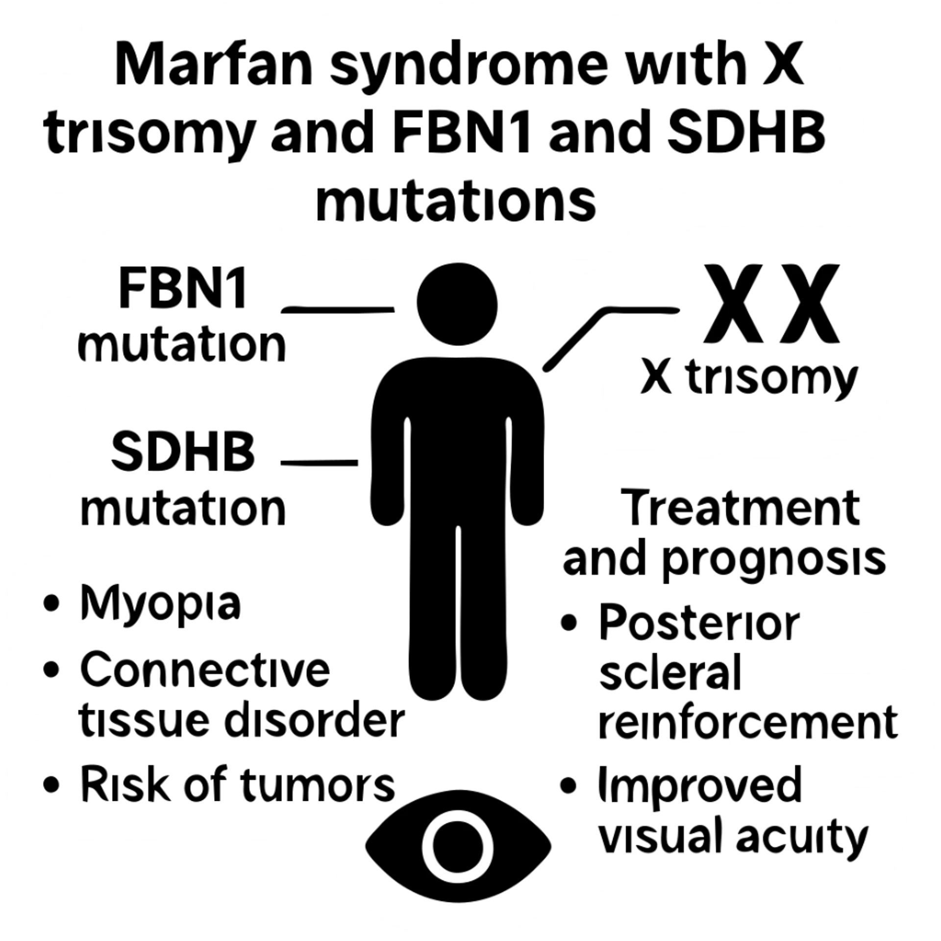 Create a scientific poster summary graphic based on a case report of Marfan syndrome with X trisomy and FBN1 and SDHB mutations. The central figure should represent a patient with clear callouts for key genetic findings: FBN1 mutation, SDHB mutation, and X trisomy. Include main clinical features such as myopia, connective tissue disorder, and risk of tumors. Also show treatment and prognosis details including posterior scleral reinforcement and improved visual acuity. Use a clean, professional style with a solid white background and bold black text for all labels. The design should be suitable for medical professionals and students. Reference the provided case report image for context. sticker