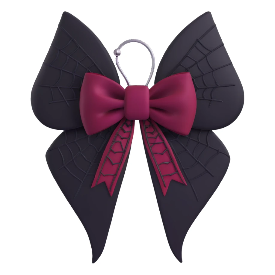3D emoji gothic bow, dark crimson velvet, silver spiderweb brooch, and black feather accents sticker