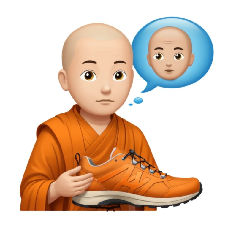 Je voudrais un moine bouddhiste avec un mulet qui pris en direction d’une paire de chaussures de trail, avec une bulle de pensée avec marqué trail sticker