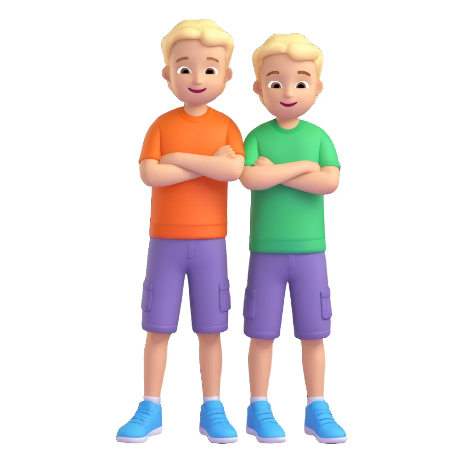 Two cartoon-style 2 boys with similar features, arms around each other's shoulders, smiling, matching outfits, standing close, white background, emoji style sticker