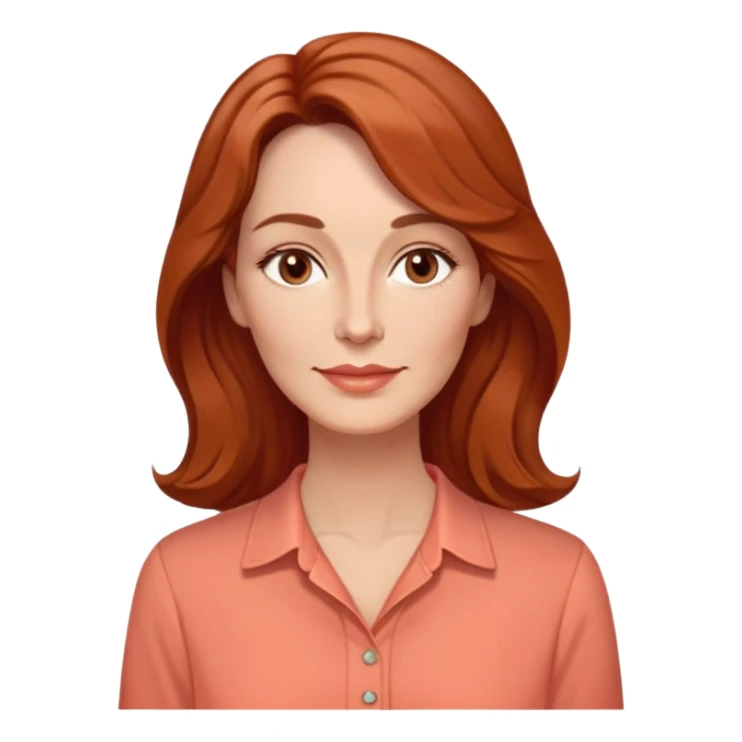 Middle-aged woman with elongated face, gentle structure, prominent cheekbones, warm expression, medium almond dark eyes, softly arched eyebrows, straight slender nose, friendly defined lips, reddish wavy hair with volume, wearing a coral-colored artistic-cut comfortable shirt sticker