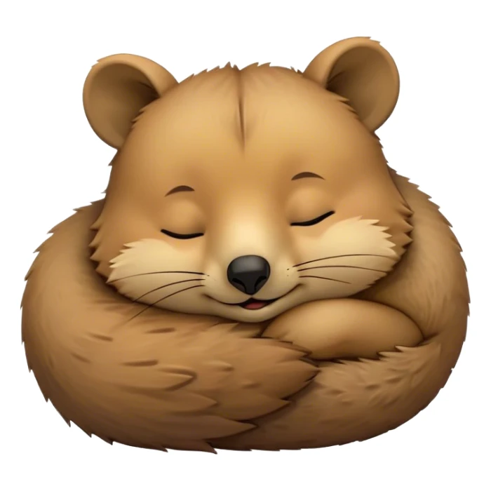 Meme-Worthy Cute Sleeping Quokka Portrait Emoji, Head resting peacefully with a contented smile, showcasing a delightfully compact build and a luxuriously soft brown fur, eyes shut in a serene, restful nap, Simplified yet hilariously adorable features, highly detailed, glowing with a soft, drowsy light, high shine, relaxed and utterly lovable, stylized with an air of playful laziness, bright and heartwarming, soft glowing outline, capturing the essence of a comically sleepy quokka, so meme‐worthy it feels like it could instantly become the next viral sensation of adorable slumber! sticker