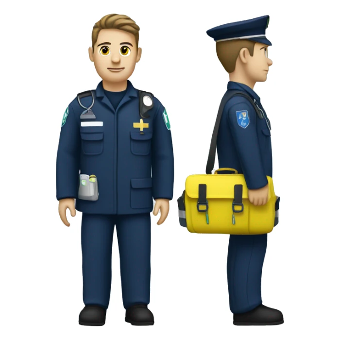 paramedic with a medic bag. White skin, navy uniform, with greenish/yellow medical bag sticker