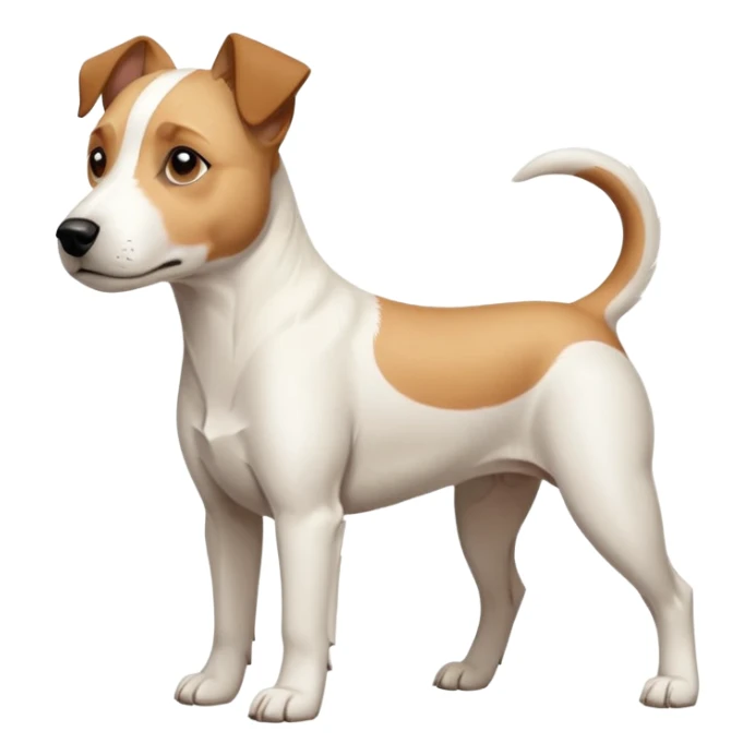 a full body facing front on of a buff white parson russell terrier looking dog the size of a kelpie with light brown long ears resting on its face and a light brown patch on one eye and a large snout. the rest of the dog is completely white.  sticker