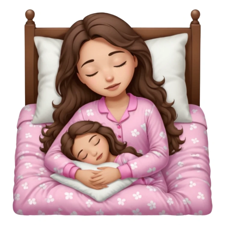 Brunette girl with long wavy brown hair with brown eyes and sleeping on a withe bed with cute pink pjs (just one girl) and with closed eyes sticker