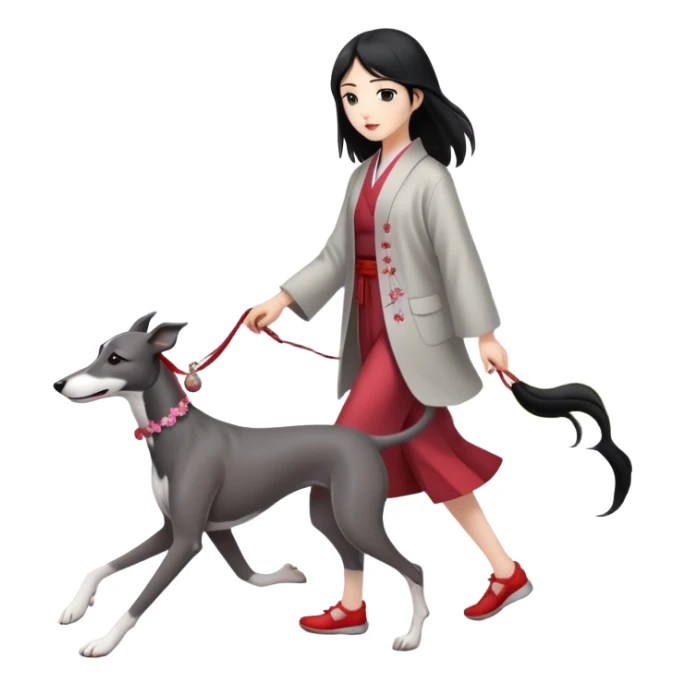 Japanese girl with flowing hair walking a solid grey greyhound with cherry blossoms in the background sticker
