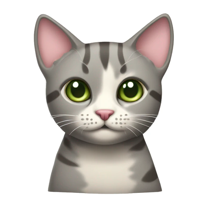 grey and tan cat with cream pattern on her forehead. Green eyes and a pink nose sticker