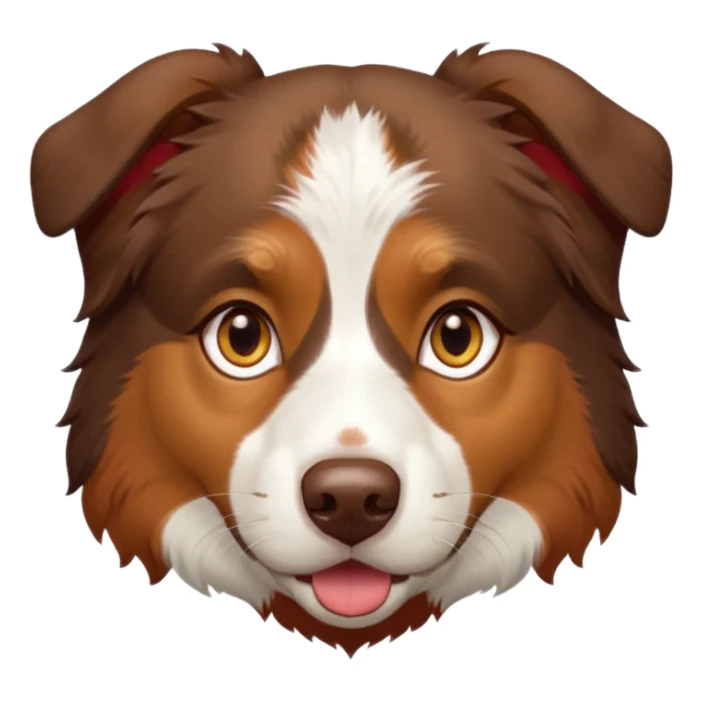 A tri color Australian shepherd with a chocolate brown base coat, red/gold fur on his eyebrows and snout/cheeks, a white chest, and gold eyes. No white on his face, only brown and gold. sticker