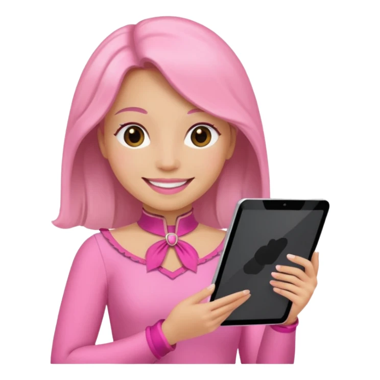woman with pink costume with tablet sticker