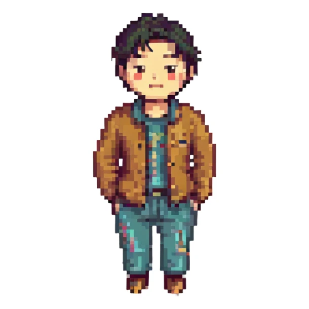 a poor Korean man, simple clothing, humble expression, pixel art style sticker