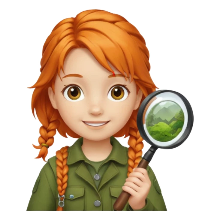 braid orange haired girl kid in moss green explorer outfit, holding magnifying glass, smile sticker