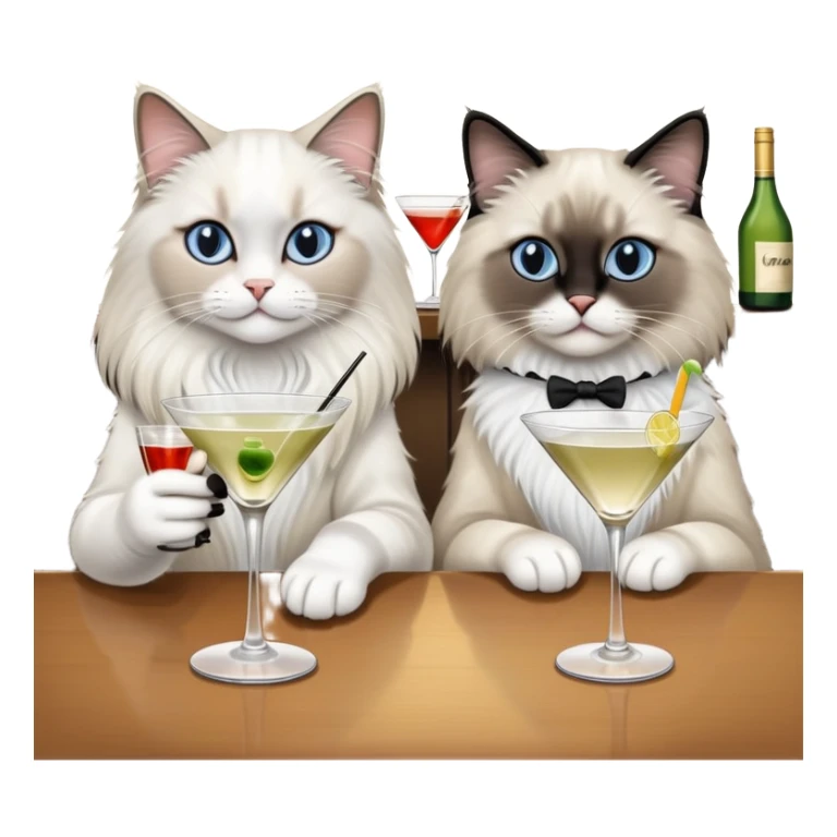 Ragdoll cat drinking martini at the bar with a black and white cat friend sticker