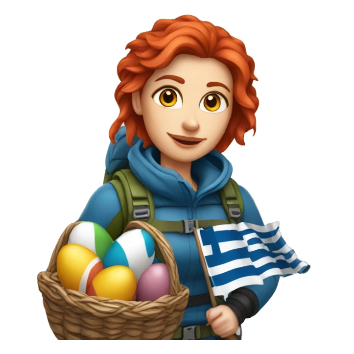 Female winter mountaineer red hair climbing with Greek flag and holding Easter eggs basket sticker