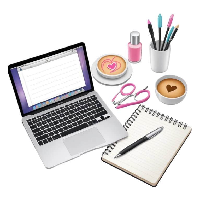 top view of a MacBook with a beauty salon logo on the screen, a notebook with one page filled with notes, and a pen laying on the notebook sticker