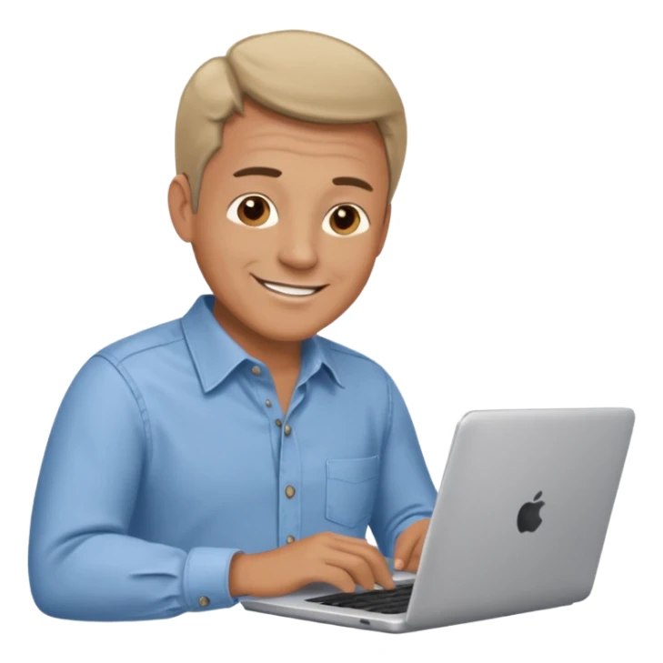 middle aged man looking at laptop and writing and smiling sticker