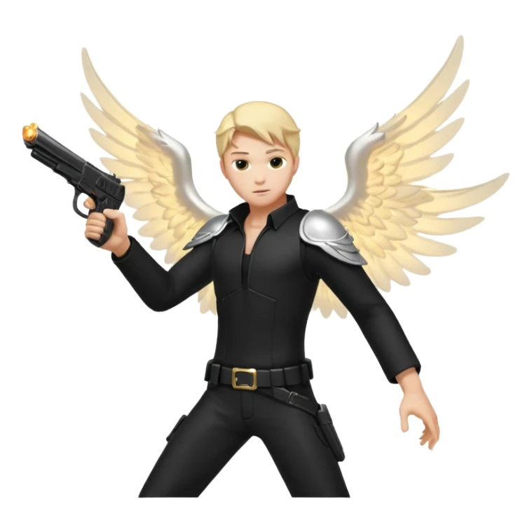 male Angel dual-wielding pistols, shooting, dynamic action pose, glowing wings, black clothes no background














 sticker