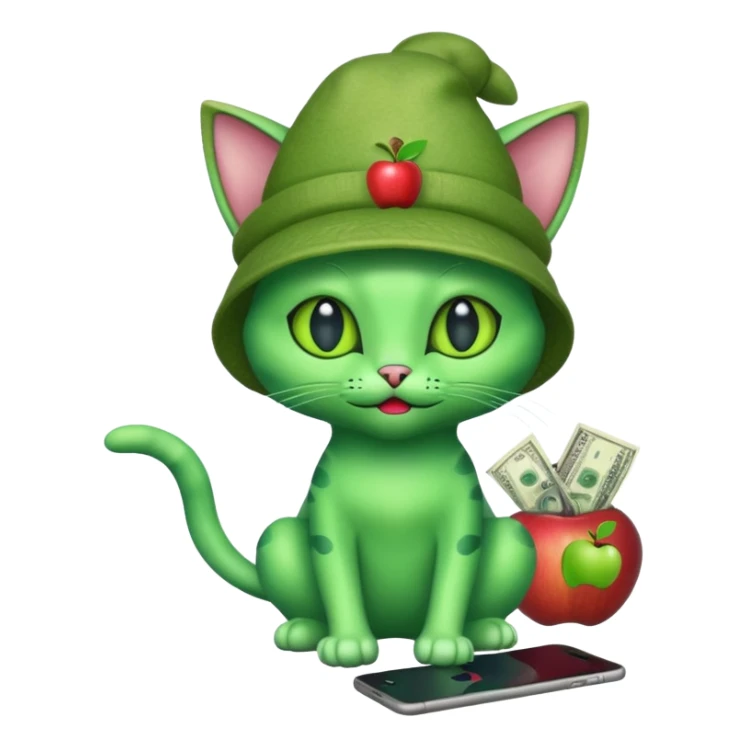 An alien cat with an apple hat with cash all around it sticker