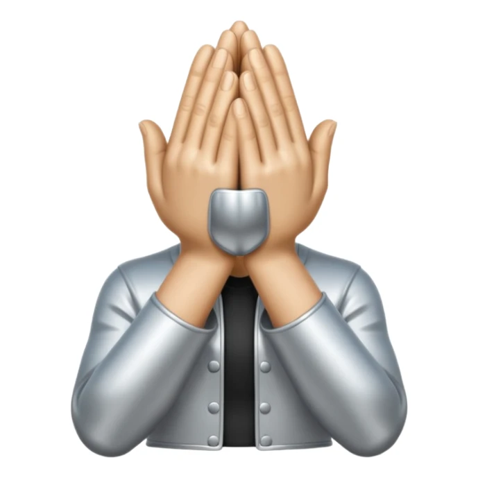 Emoji-style praying metallic hands, realistic proportions, clean outlines sticker