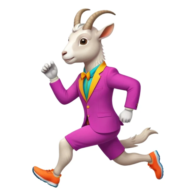 friendly anthropomorphised goat jogging upright in a colourful suit, standard pose sticker