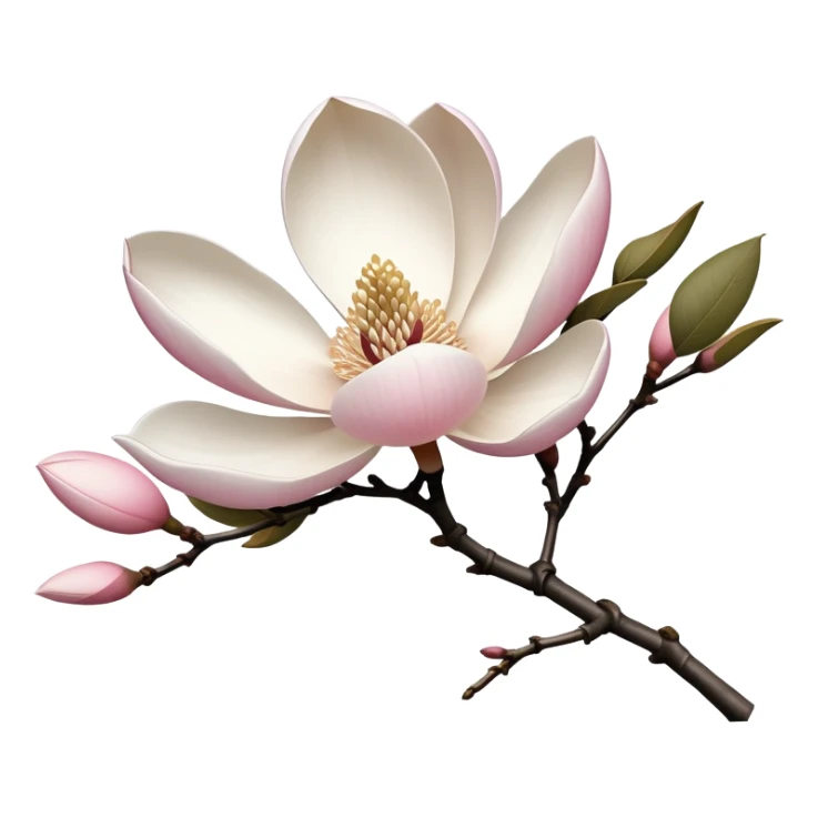 Japanese style Magnolia kobus (kobushi) flower in ukiyo-e inspired design, elegant white petals with subtle pink tinge, bare branches, traditional composition like Japanese woodblock prints sticker