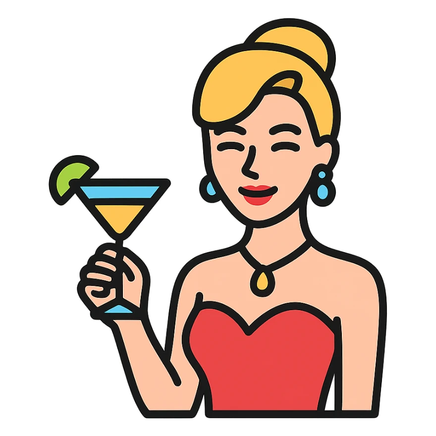 icon of a glamorous cocktail waitress, smiling, holding a drink, elegant and chic, modern icon, color outlined style sticker