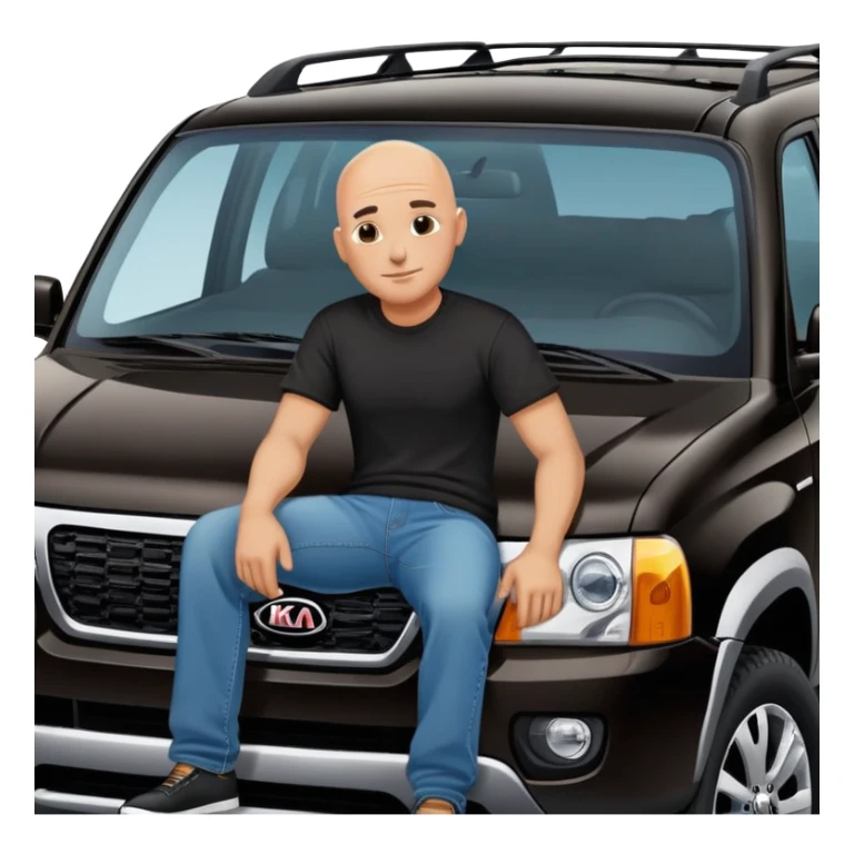 bald man sitting on top of a Kia Mohave SUV sticker