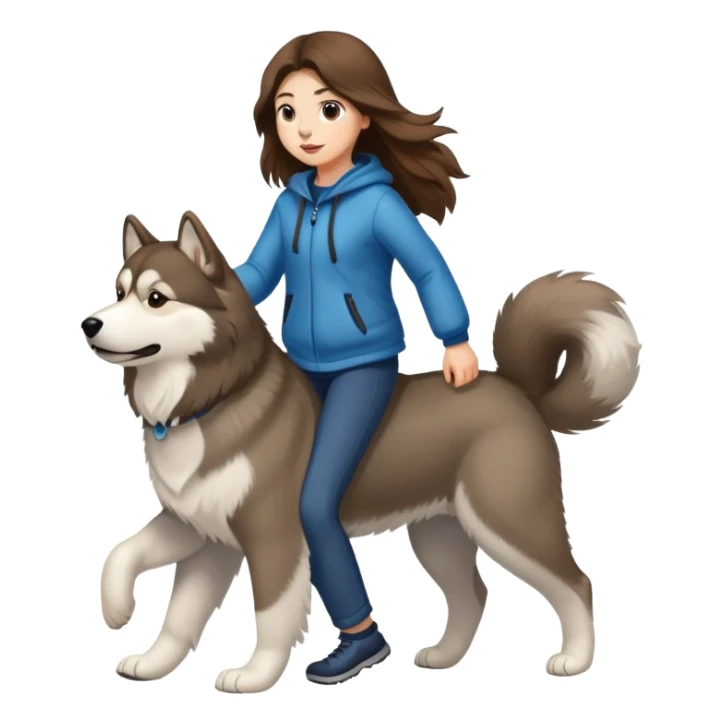 A girl with long brown hair walks an Alaskan sticker