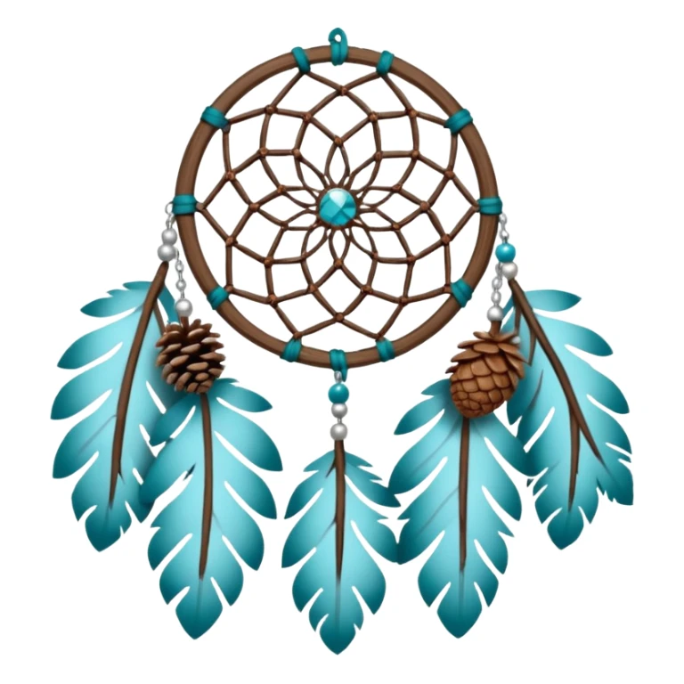 Winter-themed snow-covered spruce pine wooden pinecone dreamcatcher with white feathers, silvery chains and teal leaves sticker