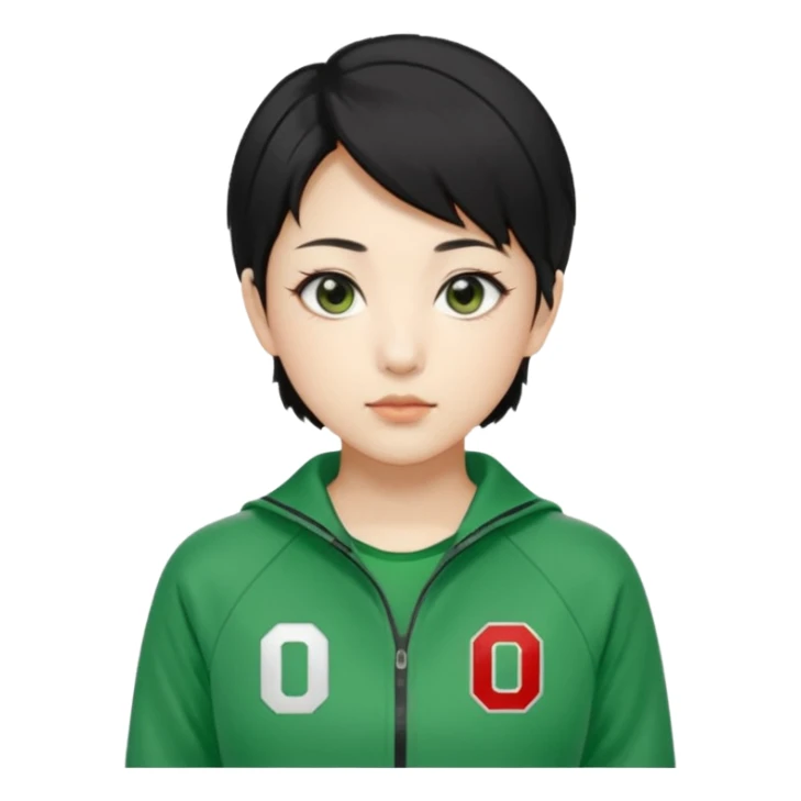 Create Kang Sae-byeok (Player 067), Korean female, short layered black hair, sharp eyes, green tracksuit with number 067 patch on chest. sticker