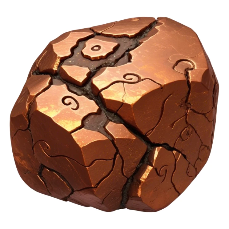Cinematic Realistic Copper Ore, Warm and earthy, with rich, reddish-brown hues and intricate swirls of natural patterns across the rough, raw surface. The metal catches light with a gentle, glowing shimmer, exuding a rustic, organic charm. Soft glowing outline, capturing the essence of earthy elegance and natural beauty in raw copper ore. sticker