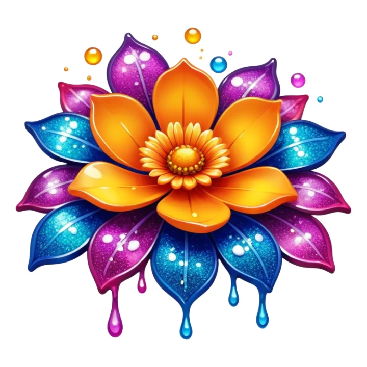 Create an icon that represents the hobby of decorative arts using epoxy resin. The design should feature a surface or object, like a coaster or decorative piece, with resin being poured or molded. Include visible epoxy resin pouring, with glossy and vibrant colors mixed into the resin. The composition should highlight the creative process and intricate details, such as embedded flowers, glitter, or pigments within the resin. The background should be transparent. sticker