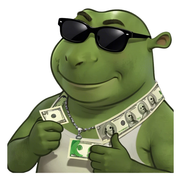 Shrek, wearing sunglasses, counting money sticker