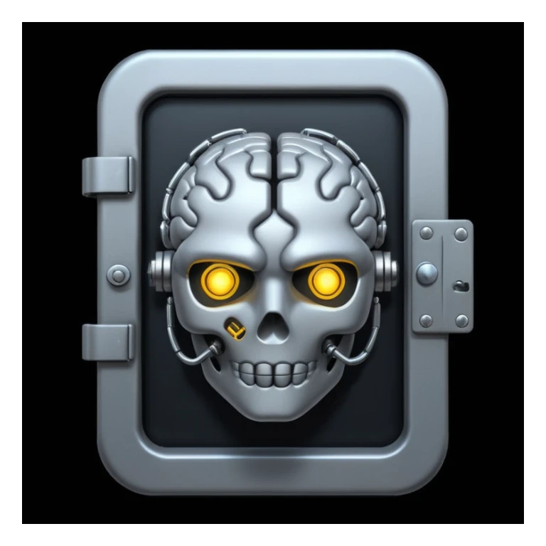 A digital brain locked behind a door, dark cyberpunk mood, black background sticker