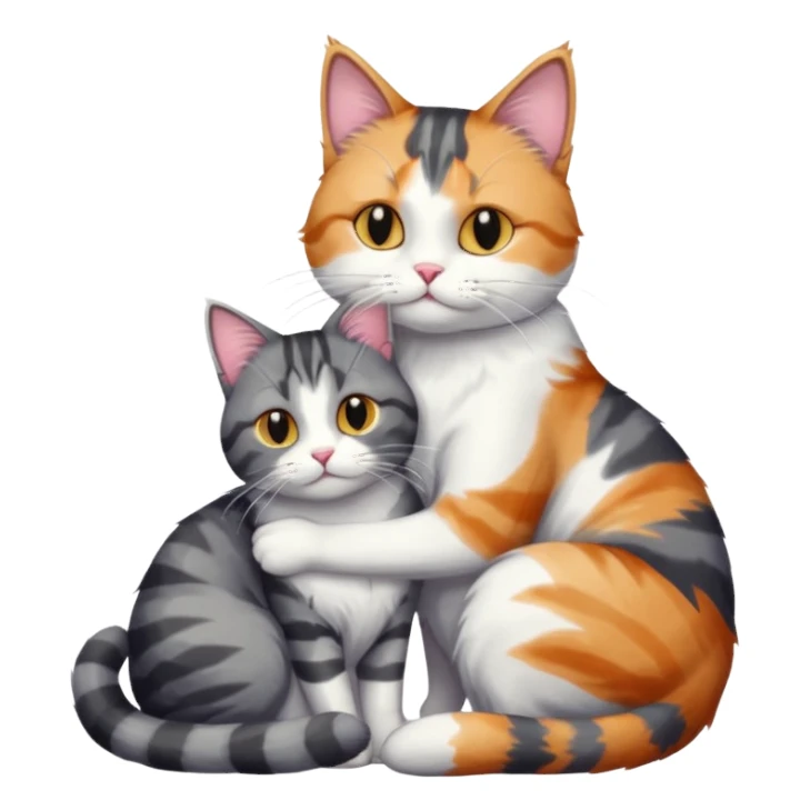 full body colourful light patched calico + white tabby cat cuddling a bigger cat that is dark grey and white tabby cat  sticker