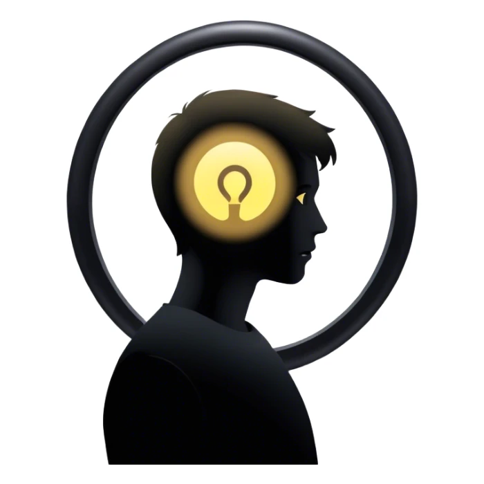 Un espejo con un brillo hipnótico en el centro de un espacio oscuro y una persona en silueta sticker