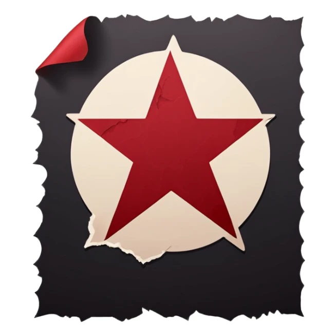 Minimalist emoji-style sticker of a blank torn contract with a pentagram stamp and drop of muted red ink. Gothic feel, flat design.
 sticker