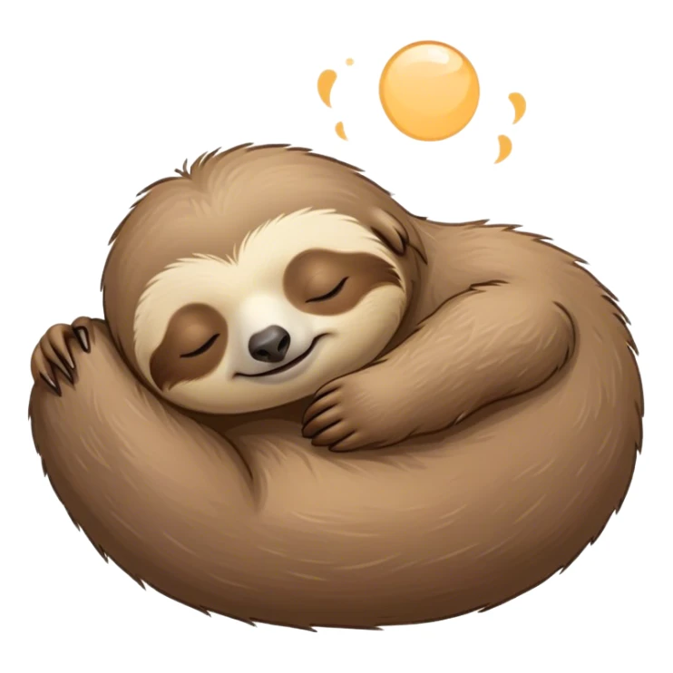 Meme-Worthy cute Sleeping Sloth Portrait Emoji, Head resting peacefully with a contented smile, showcasing a luxuriously soft, fuzzy form and eyes gently closed in serene slumber, Simplified yet comically adorable features, highly detailed, glowing with a soft, drowsy glow, high shine, relaxed and utterly lovable, stylized with an air of playful laziness, bright and heartwarming, soft glowing outline, capturing the essence of a sleeping sloth that feels destined to become the next viral icon of adorable rest! sticker