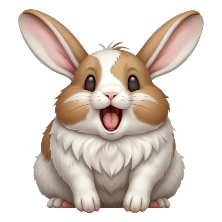 Cinematic Cute Yawning White and Brown Rabbit Portrait Emoji, Head tilted slightly with a dramatic, wide-open yawn, showcasing a soft, patterned fur with crisp white and warm brown patches, floppy ears slightly drooping, round eyes barely open in drowsy contentment, Simplified yet irresistibly adorable features, highly detailed, glowing with a soft, cozy glow, high shine, relaxed yet expressive, stylized with a touch of whimsy, bright and endearing, soft glowing outline, capturing the essence of a sleepy yet affectionate bunny, so drowsy it feels like it could stretch out of the screen and curl up for a nap! sticker