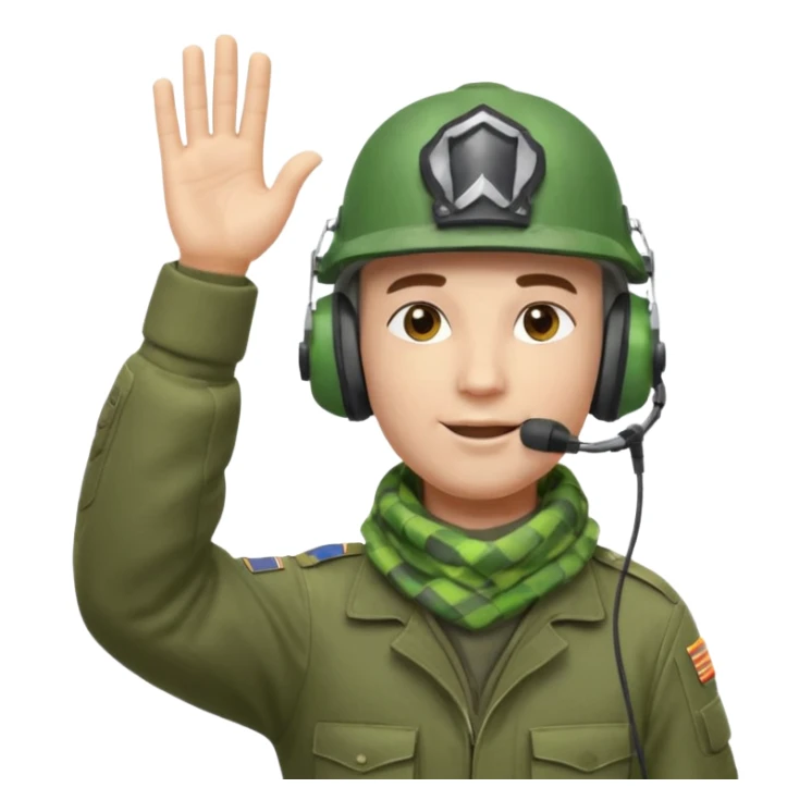 Soldier emoji head in green military helmet, large ear protectors, headset microphone, light green checkered scarf around neck, gray face, confident greeting pose with right hand raised in salute, vibrant colors, high detail on helmet textures and fabric, bust view, ultra-detailed PNG alpha channel sticker